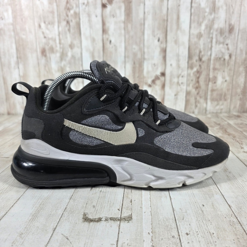 Nike Men’s Air Max 270 React Sneakers in Black and Gray with Cream Swoosh